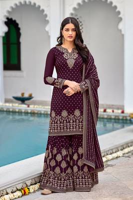 Rahi Fashion Women's Semi-Stitched Purple Faux Georgette sharara suit for wedding wear 1