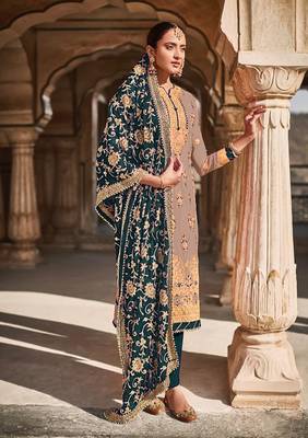 Beige Faux Georgette Embroidered Shtraight style Kameez Pant  and Full embroidered Dupatta 1