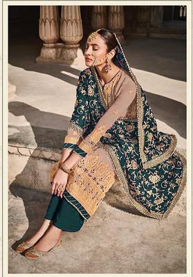 Beige Faux Georgette Embroidered Shtraight style Kameez Pant  and Full embroidered Dupatta 2