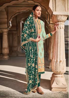 Green Faux Georgette Embroidered Shtraight style Kameez Pant  and Full embroidered Dupatta 1