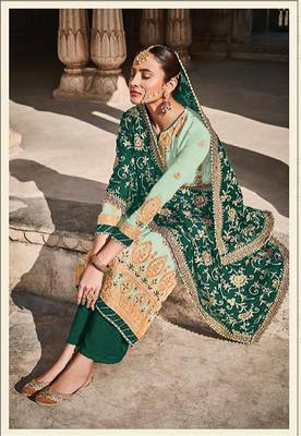 Green Faux Georgette Embroidered Shtraight style Kameez Pant  and Full embroidered Dupatta 2