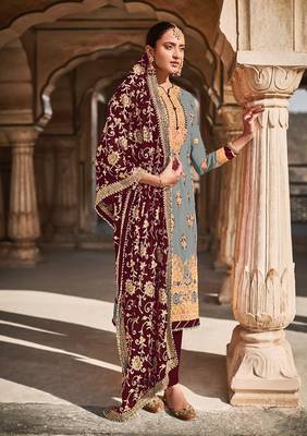 Grey Faux Georgette Embroidered Shtraight style Kameez Pant  and Full embroidered Dupatta 1