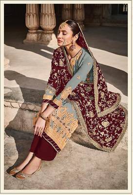Grey Faux Georgette Embroidered Shtraight style Kameez Pant  and Full embroidered Dupatta 2