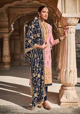 Pink Faux Georgette Embroidered Shtraight style Kameez Pant  and Full embroidered Dupatta 1