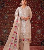 Beige Faux Georgette Embroidered Shtraight suit plazzo with Border Work Dupatta