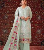 Green Faux Georgette Embroidered Shtraight suit plazzo with Border Work Dupatta