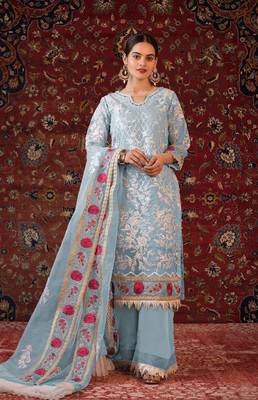 Grey Faux Georgette Embroidered Shtraight suit plazzo with Border Work Dupatta 1