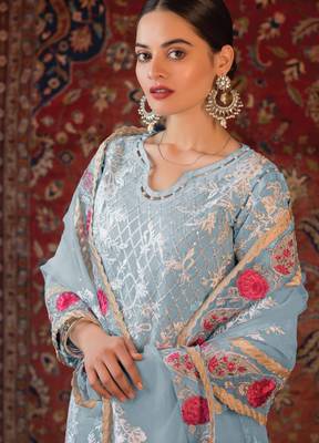 Grey Faux Georgette Embroidered Shtraight suit plazzo with Border Work Dupatta 2