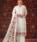 White Faux Georgette Embroidered Shtraight suit plazzo with Border Work Dupatta