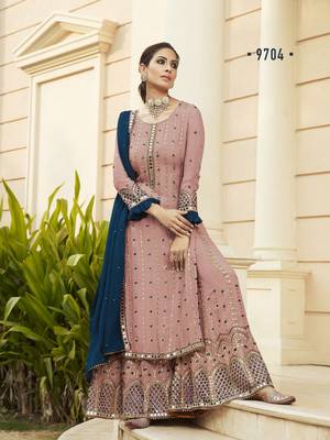 Light Pink Fuax georgette Mirror Work + Embroidered Shtraight Sharara suit 1