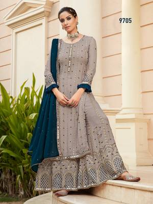 Grey Fuax georgette Mirror Work + Embroidered Shtraight Sharara suit 1