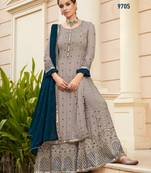 Grey Fuax georgette Mirror Work + Embroidered Shtraight Sharara suit