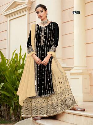 Black Fuax georgette Mirror Work + Embroidered Shtraight Sharara suit 1