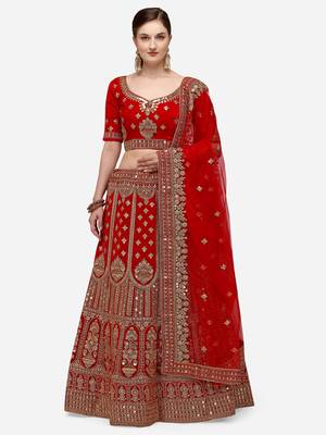 Red Heavy Bridal Semi-Stitched 9000 Velvet Lehenga & Unstitched Blouse With Dupatta 1