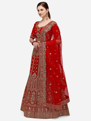 Red Heavy Bridal Semi-Stitched 9000 Velvet Lehenga & Unstitched Blouse With Dupatta 2