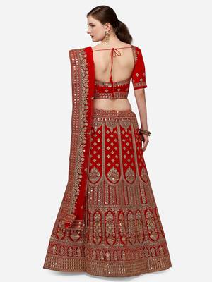 Red Heavy Bridal Semi-Stitched 9000 Velvet Lehenga & Unstitched Blouse With Dupatta 3