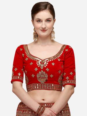 Red Heavy Bridal Semi-Stitched 9000 Velvet Lehenga & Unstitched Blouse With Dupatta 4