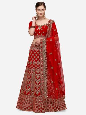 Red Heavy Bridal Semi-Stitched 9000 Velvet Lehenga & Unstitched Blouse With Dupatta 1