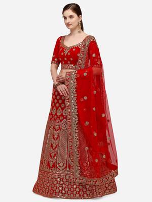 Red Heavy Bridal Semi-Stitched 9000 Velvet Lehenga & Unstitched Blouse With Dupatta 2