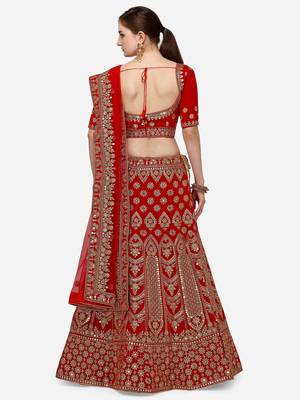 Red Heavy Bridal Semi-Stitched 9000 Velvet Lehenga & Unstitched Blouse With Dupatta 3