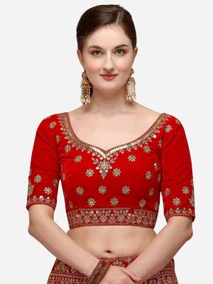 Red Heavy Bridal Semi-Stitched 9000 Velvet Lehenga & Unstitched Blouse With Dupatta 4