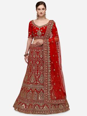 Red Heavy Bridal Semi-Stitched 9000 Velvet Lehenga & Unstitched Blouse With Dupatta 1