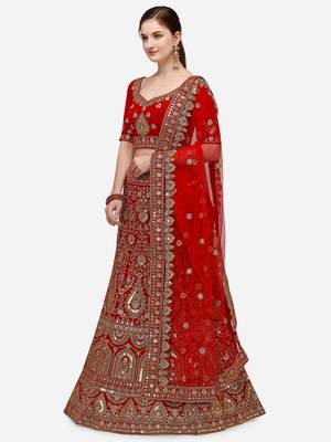Red Heavy Bridal Semi-Stitched 9000 Velvet Lehenga & Unstitched Blouse With Dupatta 2