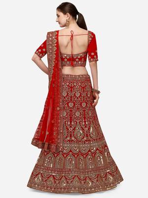 Red Heavy Bridal Semi-Stitched 9000 Velvet Lehenga & Unstitched Blouse With Dupatta 3