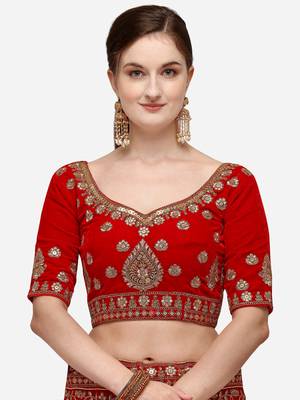 Red Heavy Bridal Semi-Stitched 9000 Velvet Lehenga & Unstitched Blouse With Dupatta 4