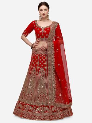 Red Heavy Bridal Semi-Stitched 9000 Velvet Lehenga & Unstitched Blouse With Dupatta 1
