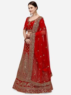 Red Heavy Bridal Semi-Stitched 9000 Velvet Lehenga & Unstitched Blouse With Dupatta 2