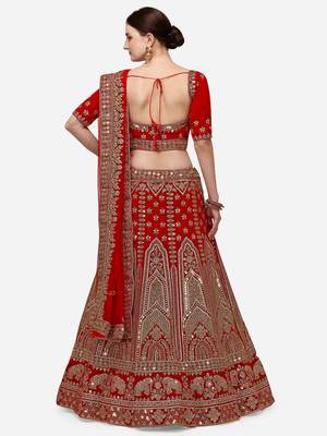 Red Heavy Bridal Semi-Stitched 9000 Velvet Lehenga & Unstitched Blouse With Dupatta 3