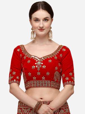 Red Heavy Bridal Semi-Stitched 9000 Velvet Lehenga & Unstitched Blouse With Dupatta 4