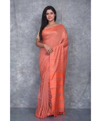 orange silk hand woven handloom saree with blouse 1