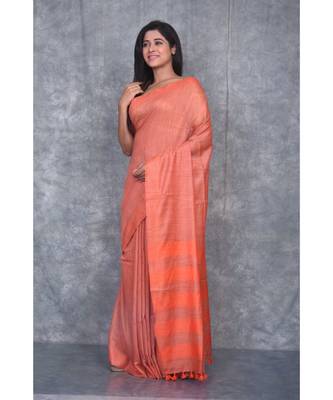 orange silk hand woven handloom saree with blouse 2
