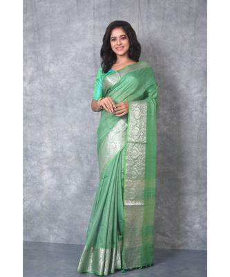 green silk hand woven handloom saree with blouse 1