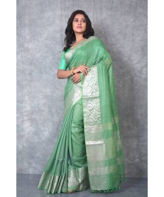 green silk hand woven handloom saree with blouse 2