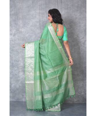 green silk hand woven handloom saree with blouse 3