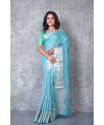 turquoise silk hand woven handloom saree with blouse 1