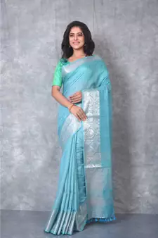 turquoise silk hand woven handloom saree with blouse