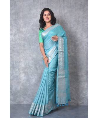 turquoise silk hand woven handloom saree with blouse 2