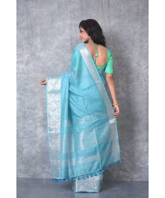 turquoise silk hand woven handloom saree with blouse 3