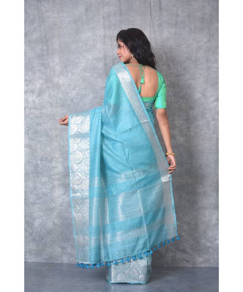 turquoise silk hand woven handloom saree with blouse