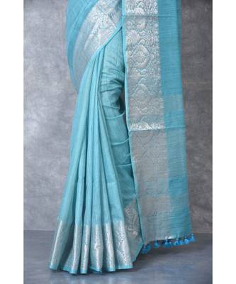 turquoise silk hand woven handloom saree with blouse 4