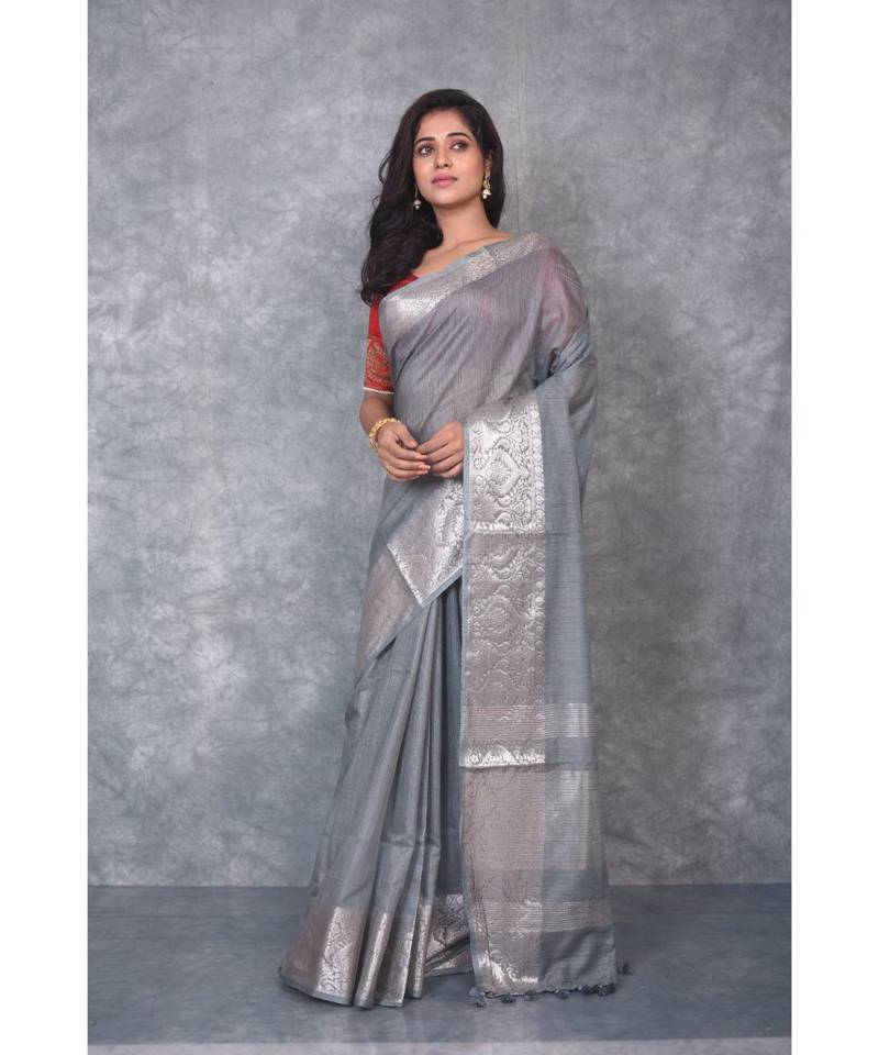 grey silk hand woven handloom saree with blouse