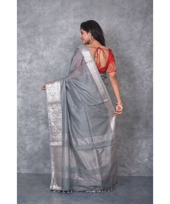 grey silk hand woven handloom saree with blouse 3