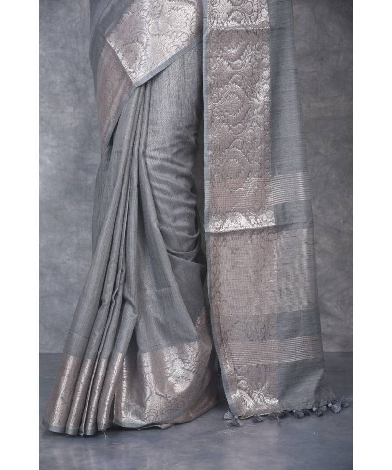grey silk hand woven handloom saree with blouse