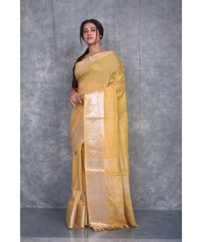 yellow silk hand woven handloom saree with blouse