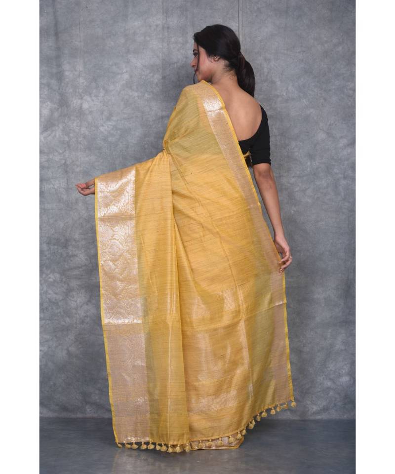 yellow silk hand woven handloom saree with blouse
