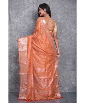 orange silk hand woven handloom saree with blouse 3